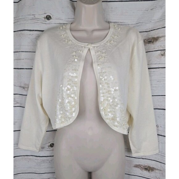 Vintage Eva Blue Ivory Beaded Sweater Cardigan XL Cropped Coquette Sequins - Picture 1 of 7